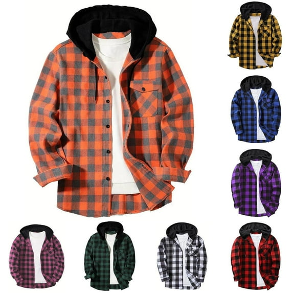 qolati Hooded Flannel Shirts for Men Casual Button Down Shirt Jacket Long Sleeve Plaid Hoodies Sweatshirt Lightweight Coat with Pocket Gray XXXL