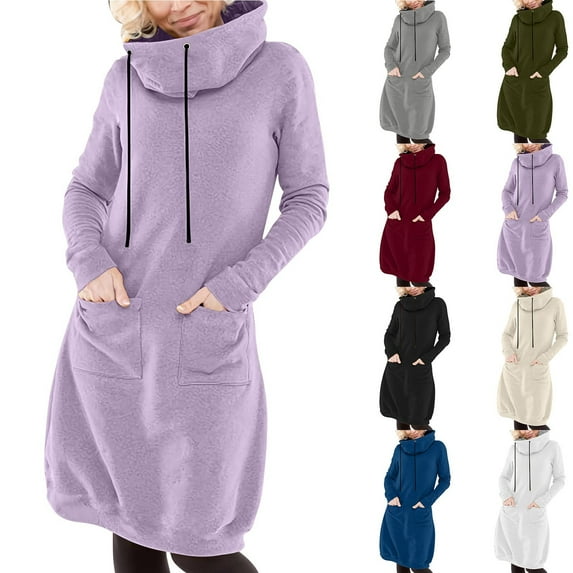 qolati Hoodie Dress for Women Fleece Warm Mock Neck Hooded Drawstring Sweatshirt Dress Oversized Casual Fall Winter Long Pullover Dresses with Pockets M