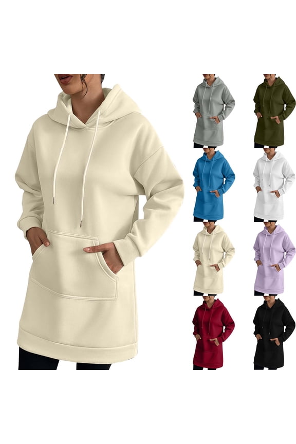 Hoodies Dress for Women Fleece Oversized Sweatshirts Long Sleeve Tunic Dress Fall Winter Trendy Casual Long Sweater Dresses with Pockets Gray M