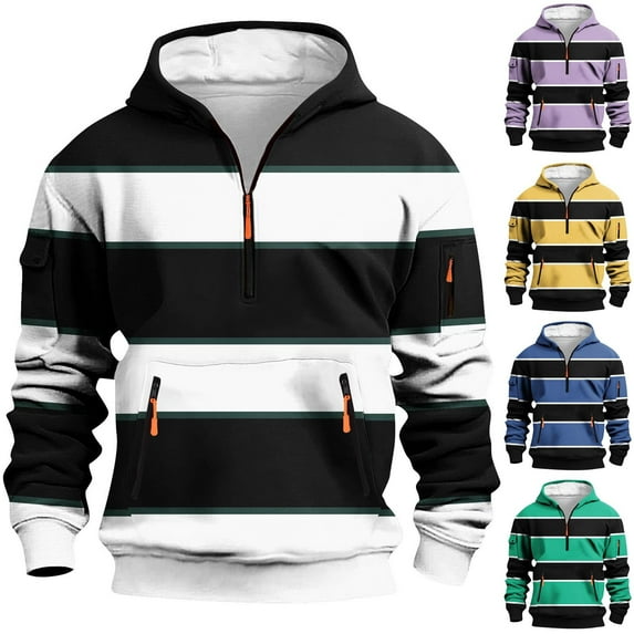 qolati Hoodies for Men Striped Color Block Pullover Sweatshirt Lightweight Fashion Drawstring Hooded Fleece Athletic Workout Tops with Zipper Pockets Purple XXXL