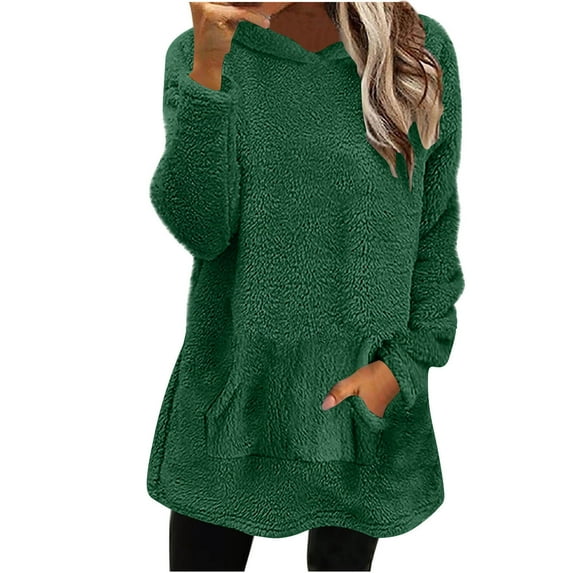 qolati Hoodies for Women Comfort Hooded Long Sleeve Sherpa Pullover Tops Fuzzy Fleece Sweatshirt Casual Warm Cute Long Sweater Fluffy Outwear with Pocket Green XL
