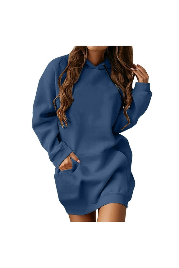 Hoodies for Women Oversized Long Sleeve Solid Lightweight Pullover Sweater Tops Mini Dresses 2024 Fall Clothes Casual Fleece Lined Y2k Sweatshirts A-Line Tshirts Dress with Pockets