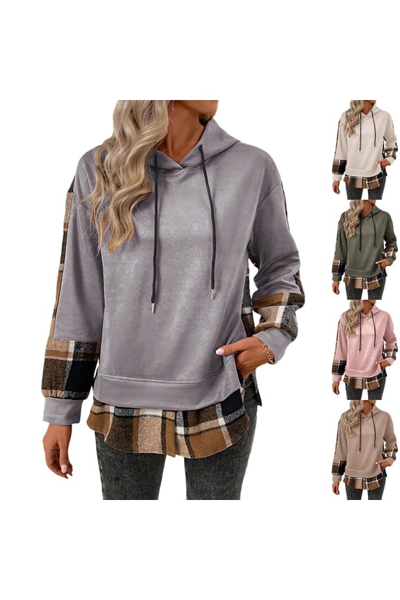 Hoodies for Women Plaid Patchwork Curved Hem Pullover Oversized Sweatshirt Loose Casual Long SLeeve Drawstring Hooded Fall Shirts with Pockets Beige XL