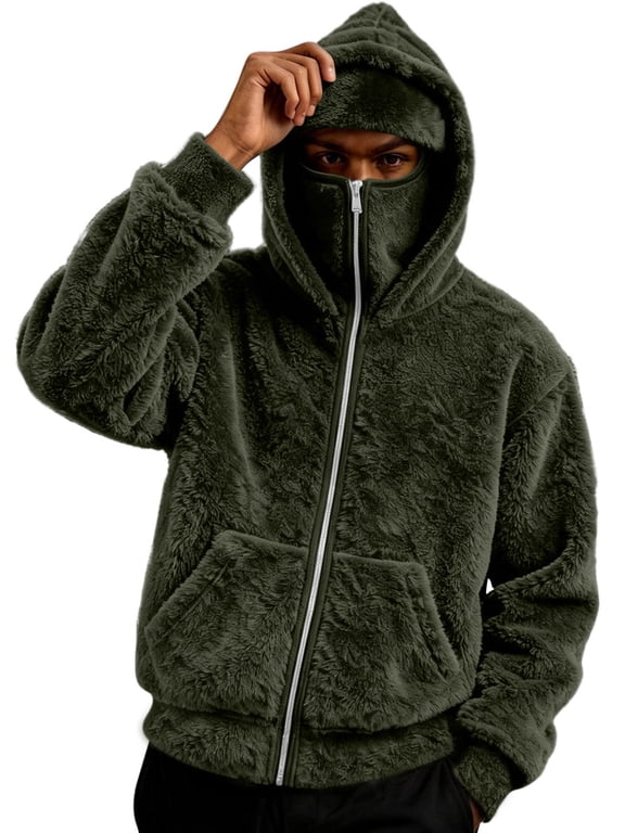 Zip Up Hoodies for Men Fuzzy Sherpa Warm Face Mask Fall Winter Warm Coats Wind-Resistants Fleece Double Hooded Sweatshirts Jackets with Pocket, S-3XL