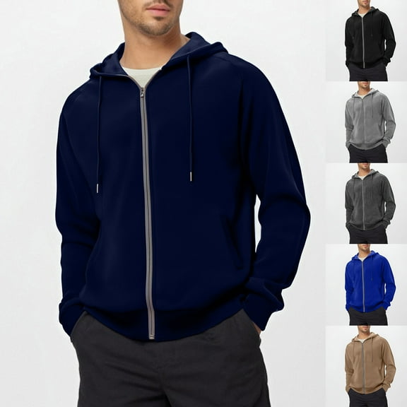 qolati Hoodies for Men Casual Fitted Full Zip Up Sweatshirts Plus Size Long Sleeve Drawstring Hooded Shirt Jackets with 2 Pockets Blue L