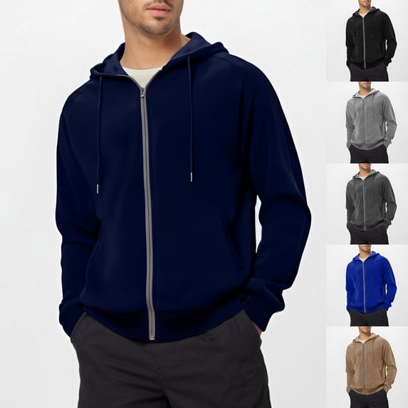 qolati Hoodies for Men Casual Fitted Full Zip Up Sweatshirts Plus Size Long Sleeve Drawstring Hooded Shirt Jackets with 2 Pockets Navy XL