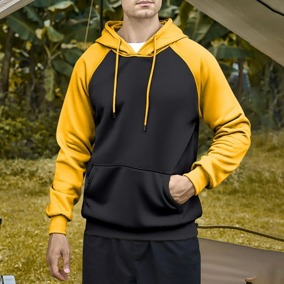 qolati Hoodies for Men Trendy Color Block Hoodie Sweatshirts Fleece Drawstring Long Sleeve Hooded Pullover Casual Patchwork Tops Sizes S-2XL