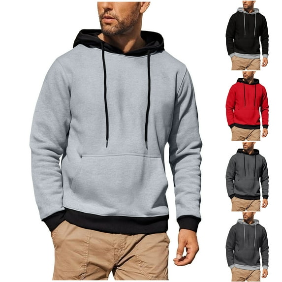 qolati Hoodies for Men Y2k Fashion Color Block Pullover Sweater Casual Long Sleeve Drawstring Hooded Sweatshirts with Kanga Pocket Dark Gray XL