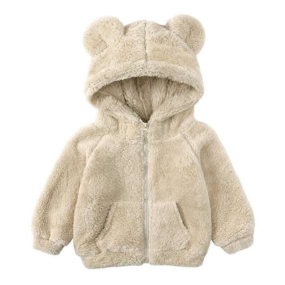 Toddler Baby Boys Girls Fleece Jacket Cute Bear Ears Sherpa Thicken Hooded Jacket Fuzzy Zip Up Coat Fall Winter Warm Outwear with Pockets