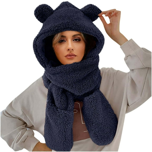 qolati Integrated Ear Protection Windproof Cap Scarf Gloves Women Faux Fur Balaclava Hood Winter Fleece Thickening Fleece Beanie Hat