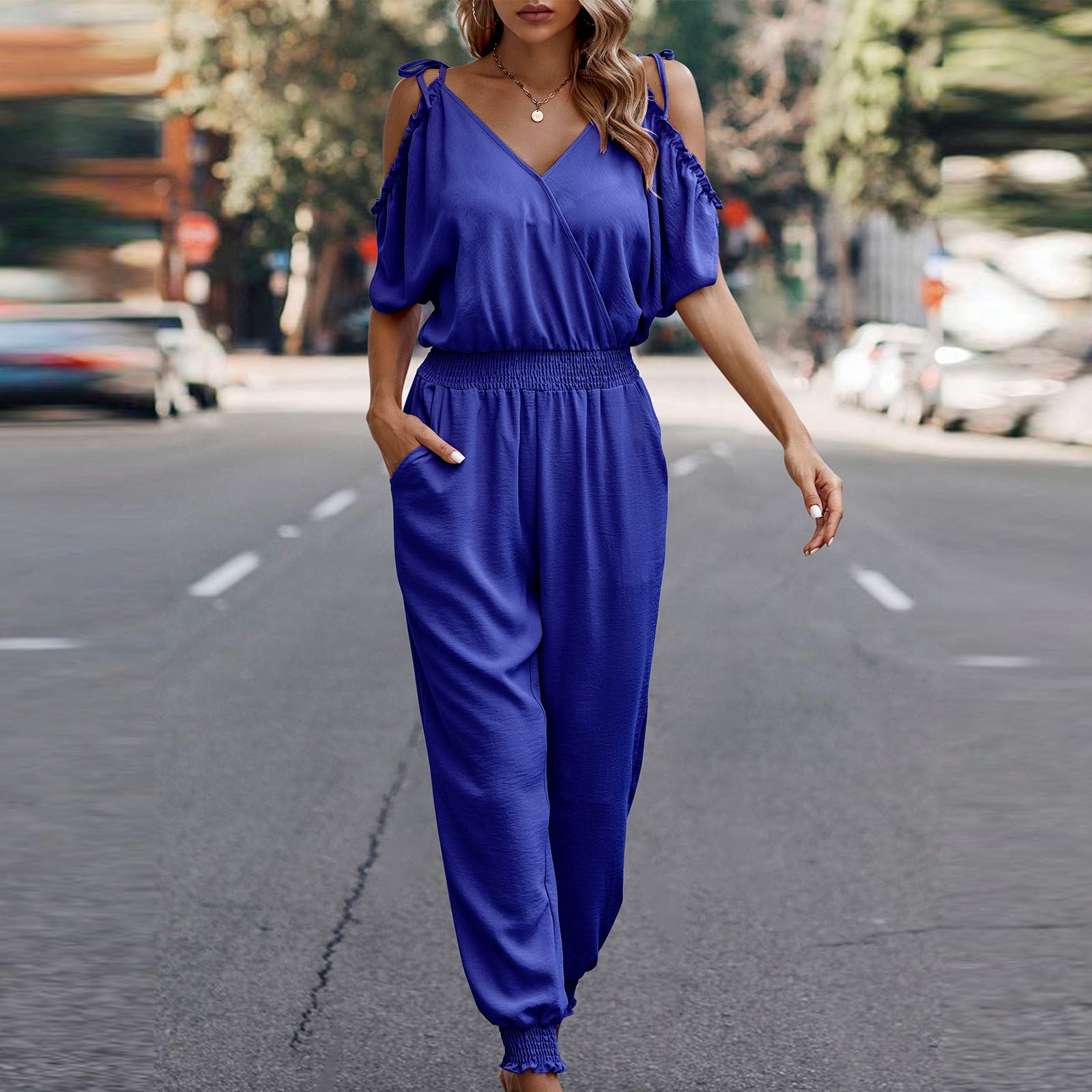 Jumpsuits for Women Casual Solid Color Comfy One Shoulder Off Square Neck  Pants for Women Fashion Slim Fit Formal Zipper Lightweight Party Vacation  Beach Jumpsuit（Blue,XL） 