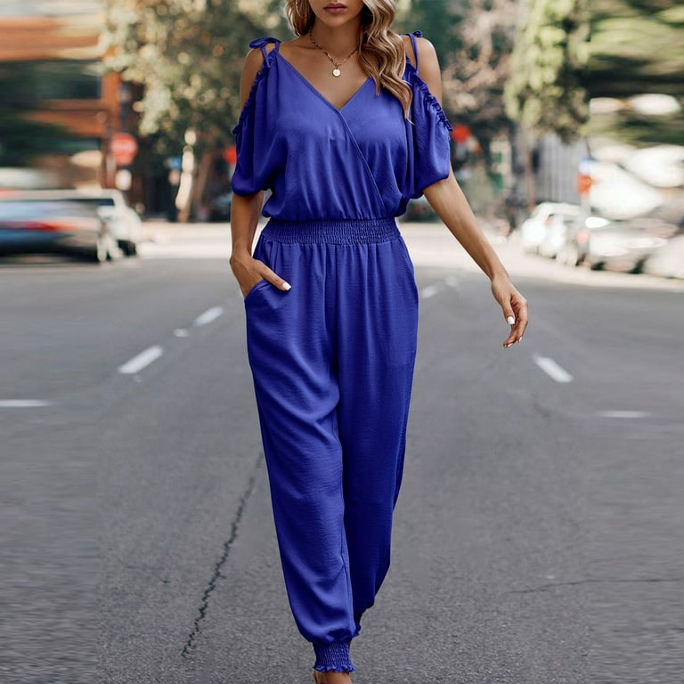 qolati Jumpsuit for Women Casual Loose Spaghetti Strap Long Pants Rompers  Sexy Ruffle Cold Shoulder Summer One-Piece Outfits 