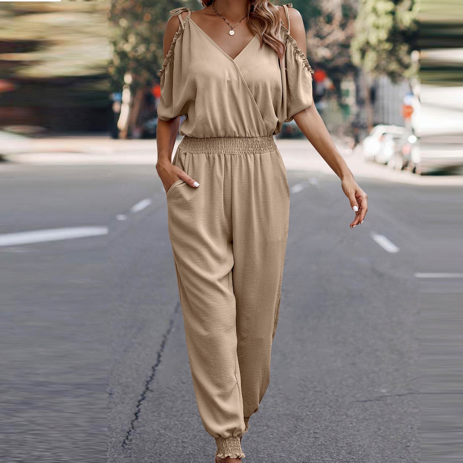 qolati Jumpsuit for Women Casual Loose Spaghetti Strap Long Pants Rompers  Sexy Ruffle Cold Shoulder Summer One-Piece Outfits 