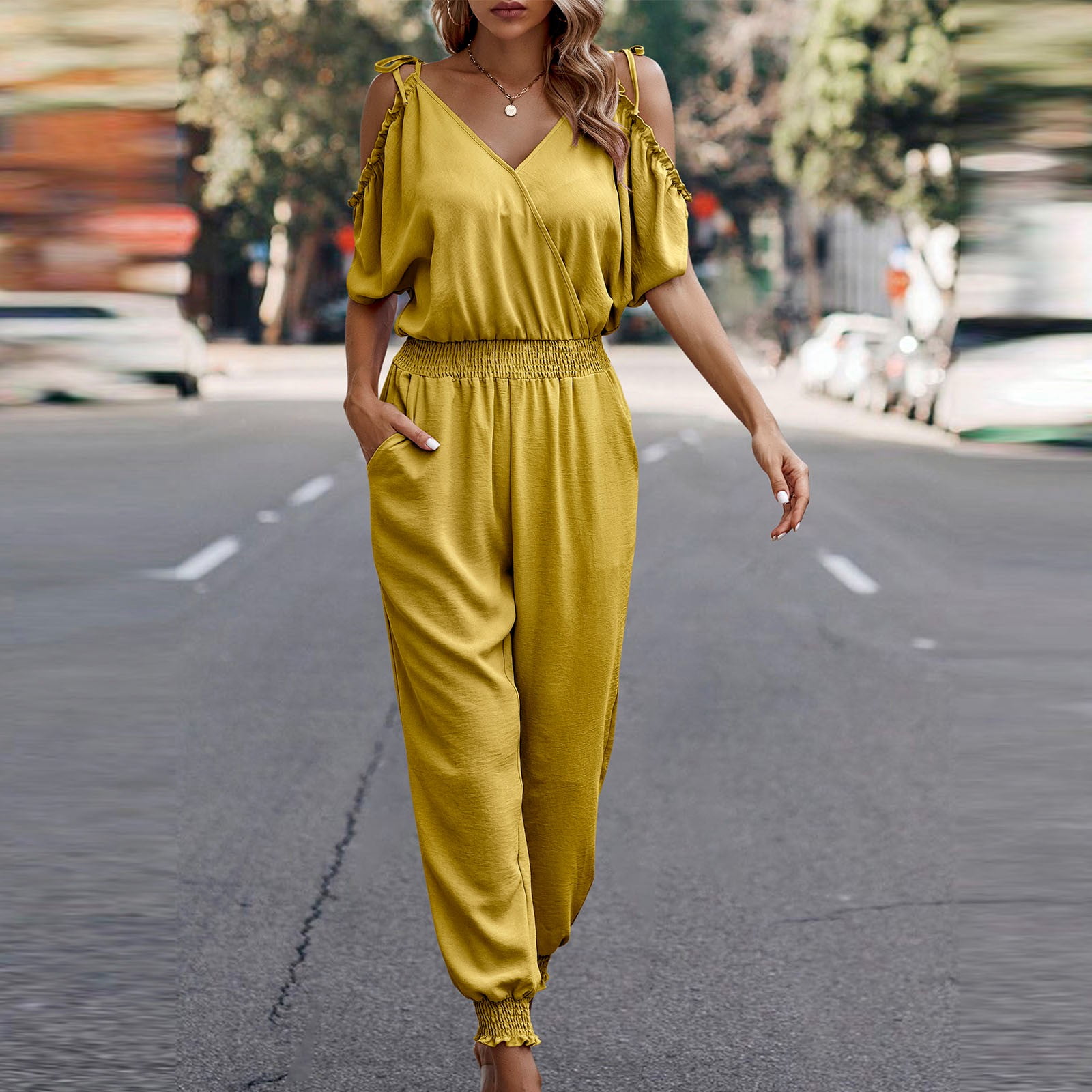 qolati Jumpsuit for Women Casual Loose Spaghetti Strap Tunic Long Pants  Rompers Sexy Ruffle Cold Shoulder Summer One-Piece Overalls 