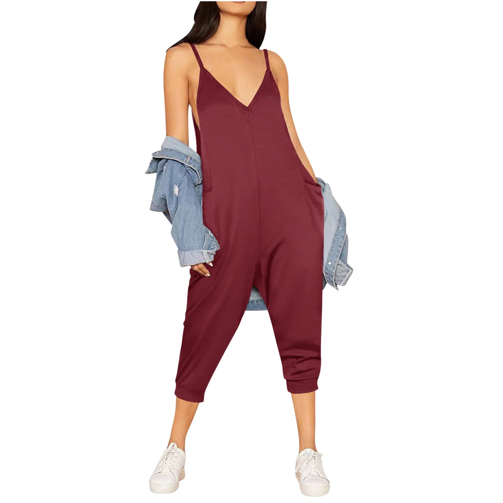 qolati Jumpsuit for Women Deep V Neck Adjustable Spaghetti Strap Skinny Leg Overalls Loungewear Loose Casual Solid Sleeveless Romper with Pockets Walmart