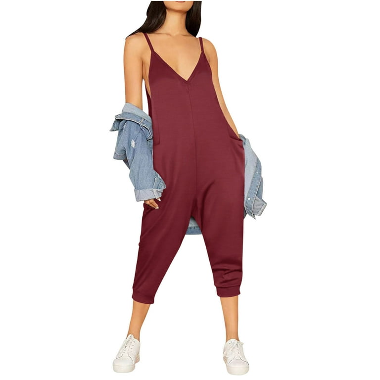 qolati Jumpsuit for Women Deep V Neck Adjustable Spaghetti Strap
