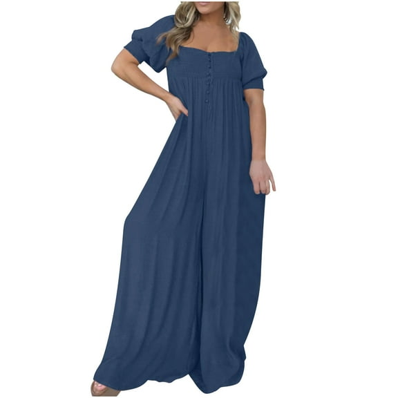qolati Jumpsuits for Women Summer Loose Puffy Sleeve Square Neck Dressy Overalls Rompers Casual One-Piece Wide Leg Long Pant Rompers