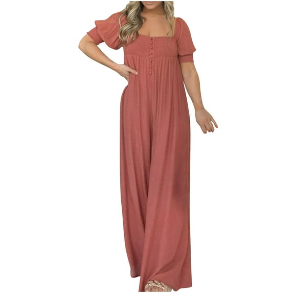 qolati Jumpsuits for Women Summer Loose Puffy Sleeve Square Neck Dressy Overalls Rompers Casual One-Piece Wide Leg Long Pant Rompers