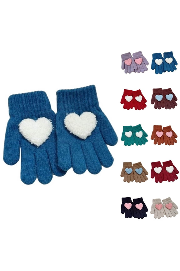 Kids Winter Gloves Girls Warm Stretchy Knit Gloves Toddler Cute Fuzzy Love Heart Full Fingers Gloves for Cold Weather 3-8 Years