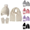 thumbnail image 1 of qolati Kids Winter Knit Warm Beanie Hat Scarf Gloves Set Toddlers Boys Girls Fleece Lined Knitted Earflaps Caps Jacquard Pompom Hats Scarf Warmer Touchscreen Gloves 3 Piece Sets 3-10 Years, 1 of 10