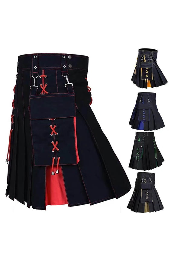 Kilt for Men High Waist Highland Scottish Kilts Plus Size Gothic Short Skirt Color Block Traditional Irish Pleated Skirts with Cargo Pocket Yellow L