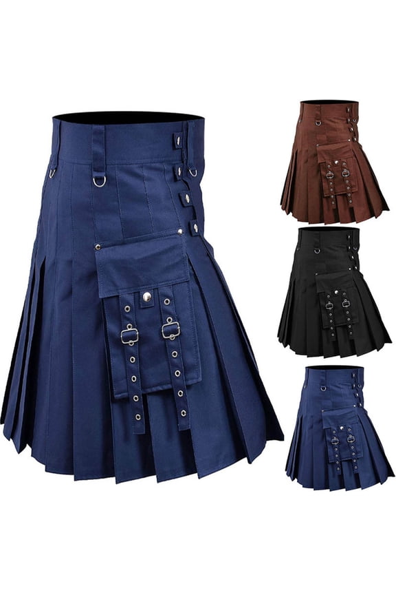 Kilt for Men High Waist Highland Scottish Kilts Plus Size Gothic Short Skirt Traditional Irish Pleated Skirts with Cargo Pocket Black XL