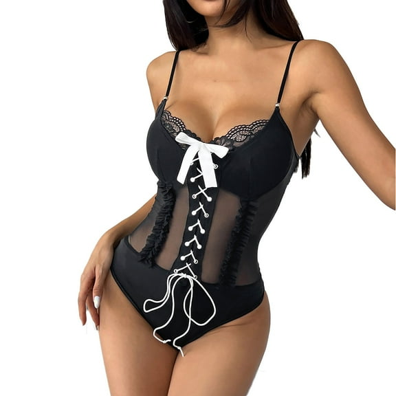 qolati Lace Bodysuit for Women Tank Top Thong Shapewear Tummy Control Going Out Tops Deep V Neck Sleeveless Body Suits