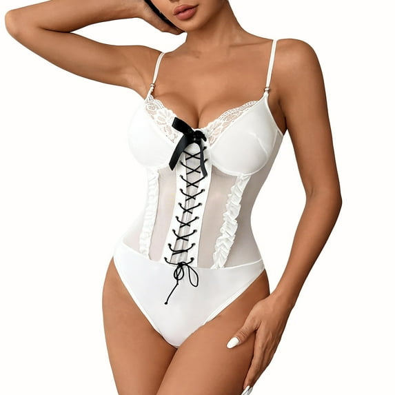 qolati Lace Bodysuit for Women Tank Top Thong Shapewear Tummy Control Going Out Tops Deep V Neck Sleeveless Body Suits