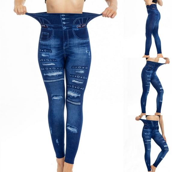 qolati Leggings for Women Soft Athletic Tummy Control Faux Denim Jeggings Casual High Waisted Cycling Yoga Workout Skinny Warm Joggers for Women