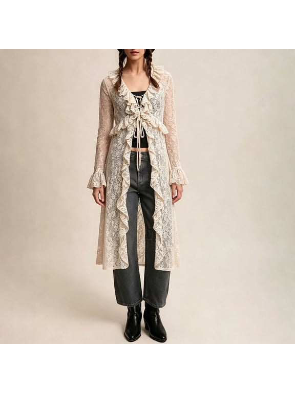 Lightweight Cardigan for Women Floral Lace Mesh Tie Front Long Sleeve Sheer Cardigans Ruffled Colla See Through Flowy Maxi Tops Dusters Beige M