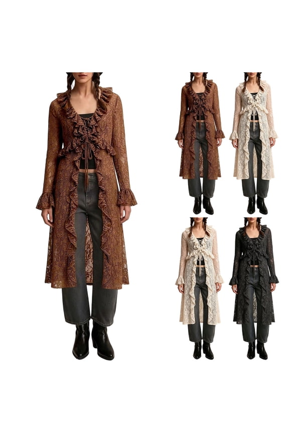 Lightweight Cardigan for Women Floral Lace Mesh Tie Front Long Sleeve Sheer Cardigans Ruffled Colla See Through Flowy Maxi Tops Dusters Coffee L