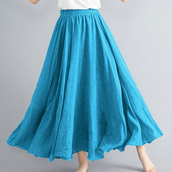 qolati Linen Maxi Skirt Womens Boho Elastic Waist A-Line Long Skirt Dress 2024 Casual Pleated Flowy Swing Summer Beach Skirts
