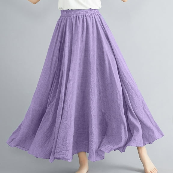 qolati Linen Maxi Skirt Womens Boho Elastic Waist A-Line Long Skirt Dress 2024 Casual Pleated Flowy Swing Summer Beach Skirts