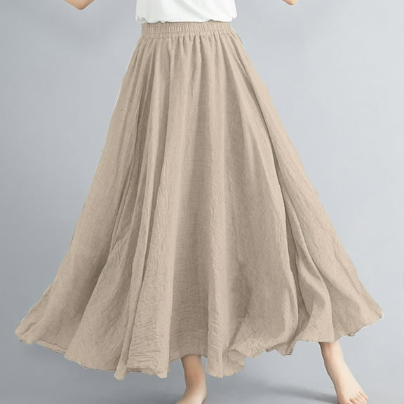 qolati Linen Maxi Skirt Womens Boho Elastic Waist A-Line Long Skirt Dress 2024 Casual Pleated Flowy Swing Summer Beach Skirts