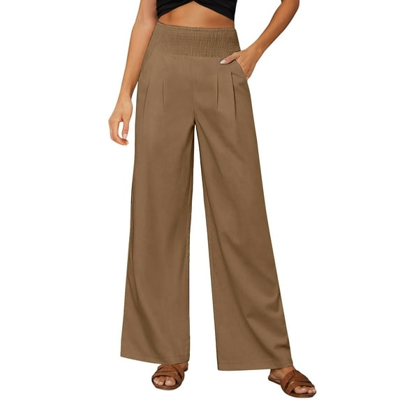 qolati Linen Pants Women Wide Leg High Waist Summer Beach Pants Loose Casual Lightweight Palazzo Lounge Pants Trousers with Pockets