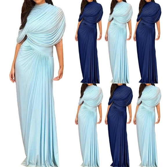 qolati Long Bridesmaid Dresses for Women Wedding Guest Dresses for Women Elegant Ruched Wrap Party Evening Gown Sleeveless Maxi Dress Dark Blue S