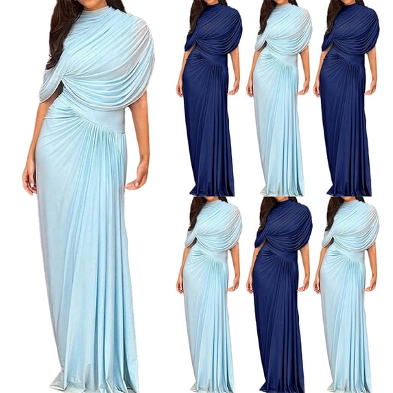 qolati Long Bridesmaid Dresses for Women Wedding Guest Dresses for Women Elegant Ruched Wrap Party Evening Gown Sleeveless Maxi Dress Light Blue XXL