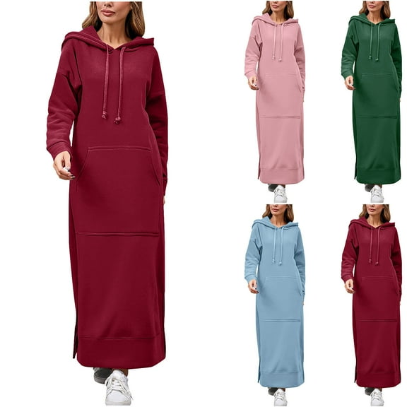 qolati Long Hoodies Dresses for Women Plus Size Fleece Pullover Hoodie Dress Long Sleeve Hooded Jacket Oversized Sweatshirts Maxi Dress with Pocket Wine XXXXL