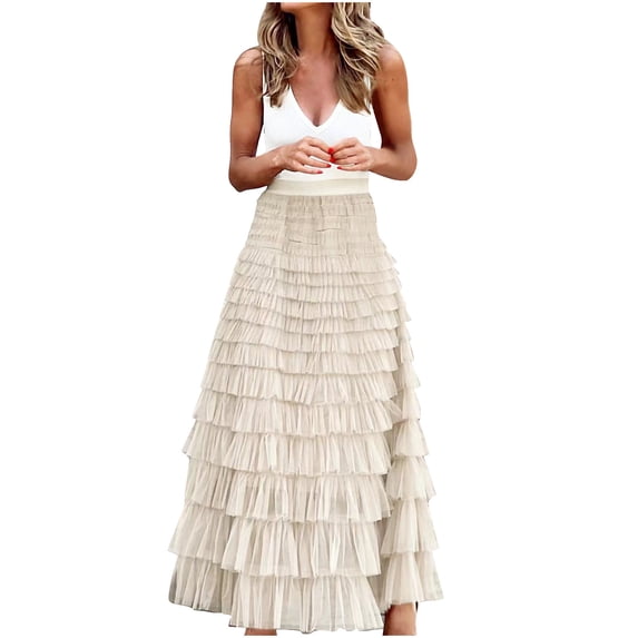 qolati Long Skirts for Women Elegant Ankle Length High Waist A-Line Flowy Maxi Skirt Elastic Waist Ruffled Tiered Layered Mesh Tulle Night Out Skirts
