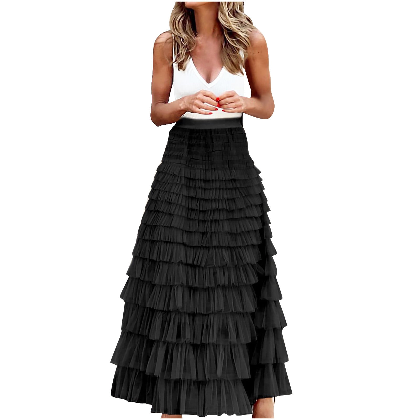 qolati Long Skirts for Women Elegant Ankle Length High Waist