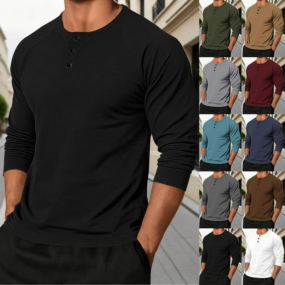 qolati Long Sleeve Shirts for Men Casual Button Down Henley Pullover Tee Lightweight Classic Fit Sport Athletic T-Shirts L