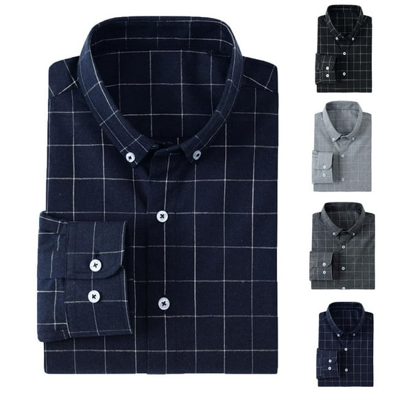 qolati Long Sleeve Shirts for Men Classic Fit Button Down Plaid Shirt Business Casual Work Dress Shirts Black M