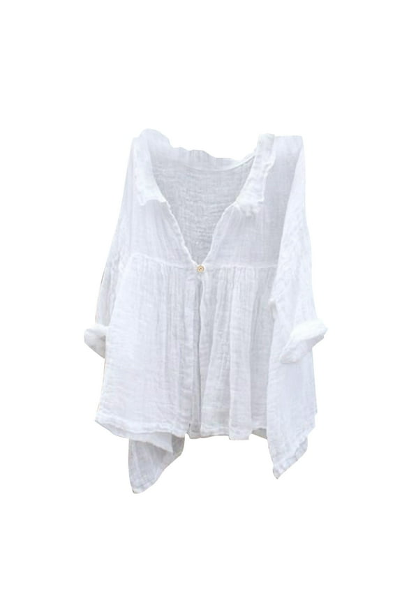 Long Sleeve Shirts for Women 2024 Casual Loose Gauze Shirts Buttons V Neck Roll-Up Sleeve Womens Tops Trendy Dressy Pleated Flowy Blouses