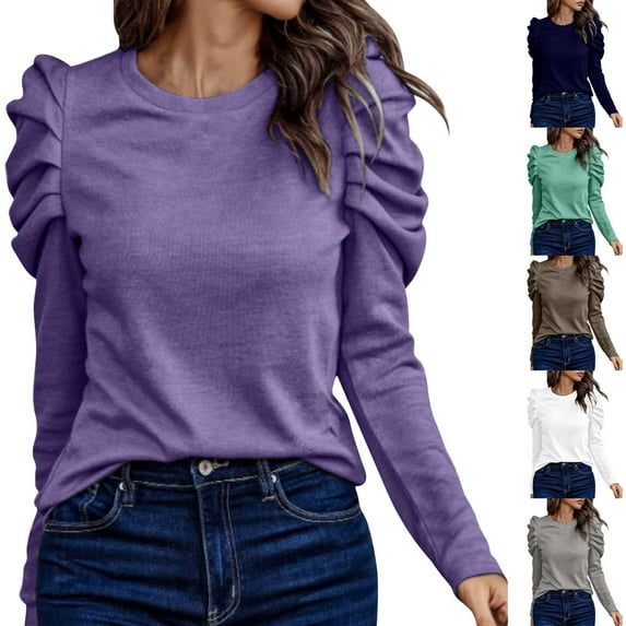 qolati Long Sleeve Shirts for Women Dressy Casual Puff Sleeve Pullover Tops Fall Fashion Clothing Loose Fit Crewneck Tunic Sweaters Purple XL