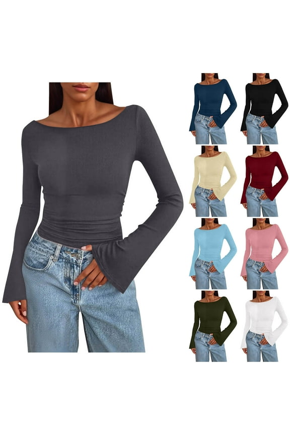 Long Sleeve Shirts for Women Fall Crop Going Out Tops Casual Boat Neck Bell Sleeve Ribbed Ruched Y2k Slim Fitting Basic Tees
