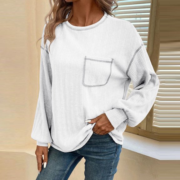 qolati Long Sleeve Shirts for Women Oversized Casual Solid Crewneck Knitted Sweatshirt 2024 Fall Loose Fit Pullover Shirts Tops