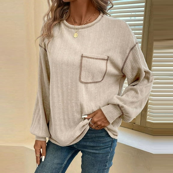 qolati Long Sleeve Shirts for Women Oversized Casual Solid Crewneck Knitted Sweatshirt 2024 Fall Loose Fit Pullover Shirts Tops