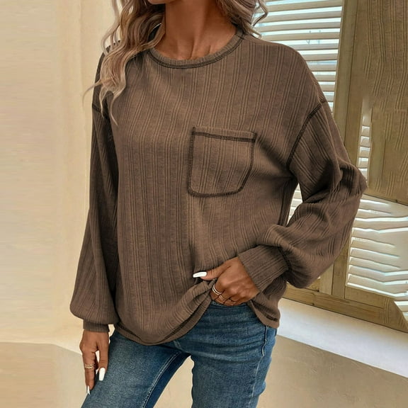 qolati Long Sleeve Shirts for Women Oversized Casual Solid Crewneck Knitted Sweatshirt 2024 Fall Loose Fit Pullover Shirts Tops
