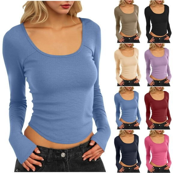 qolati Long Sleeve Shirts for Women Scoop Neck Going Out Basic Tees Ribbed Knit Casual Curves Hem Slim Fit T-Shirts Y2k Fashion Clothes Black M