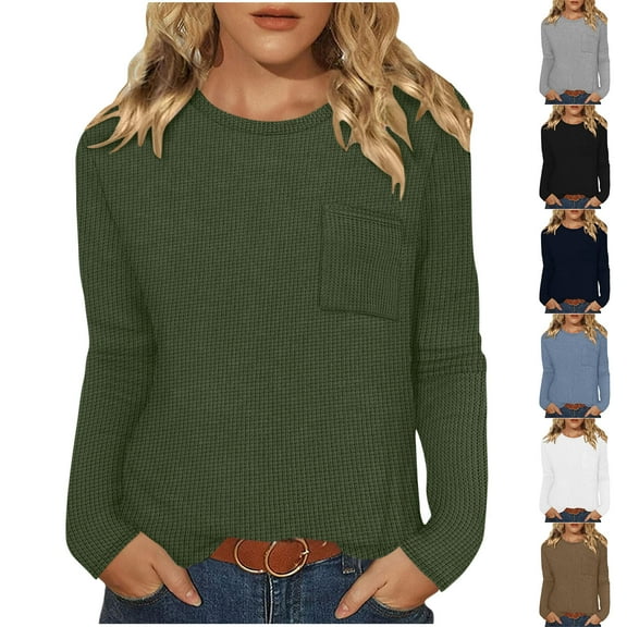 qolati Long Sleeve Shirts for Women Waffle Knitted Crewneck Basic Tee Tunic Tops Fall Casual Loose Fit T Shirts Fashion Holiday Outfits Coffee S